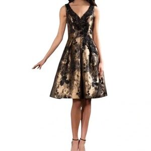 Theia Black and Tan Pleated Midi Dress